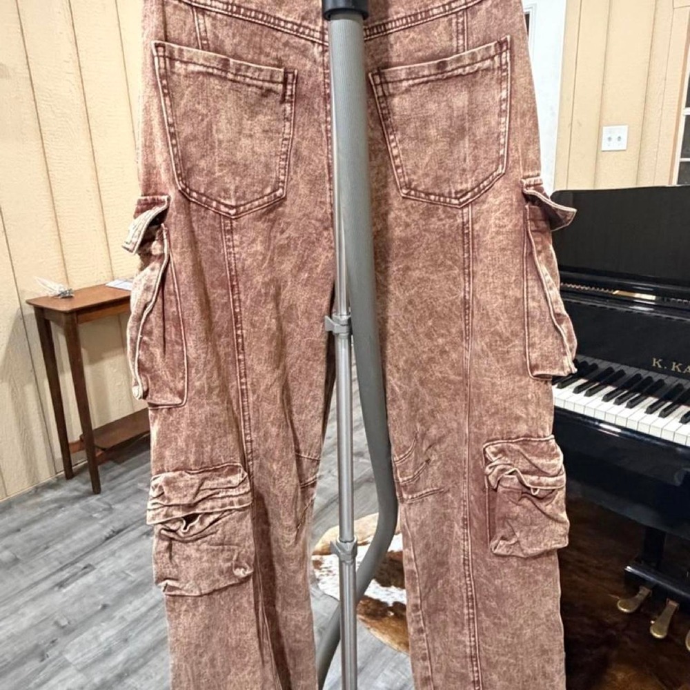 Fashion Nova Womens Brown Distressed Cargo Pants Acid Wash Utility Size M